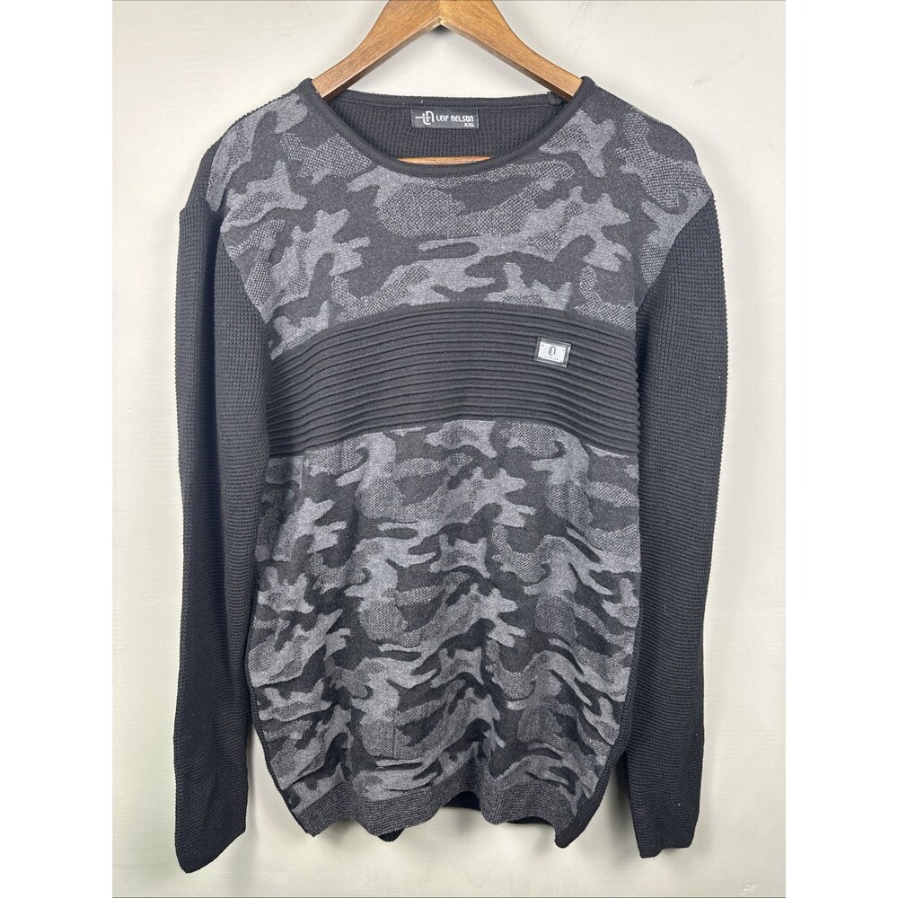 Leif Nelson Men's XXL Black Camouflage Camo Print Crew Neck Sweater